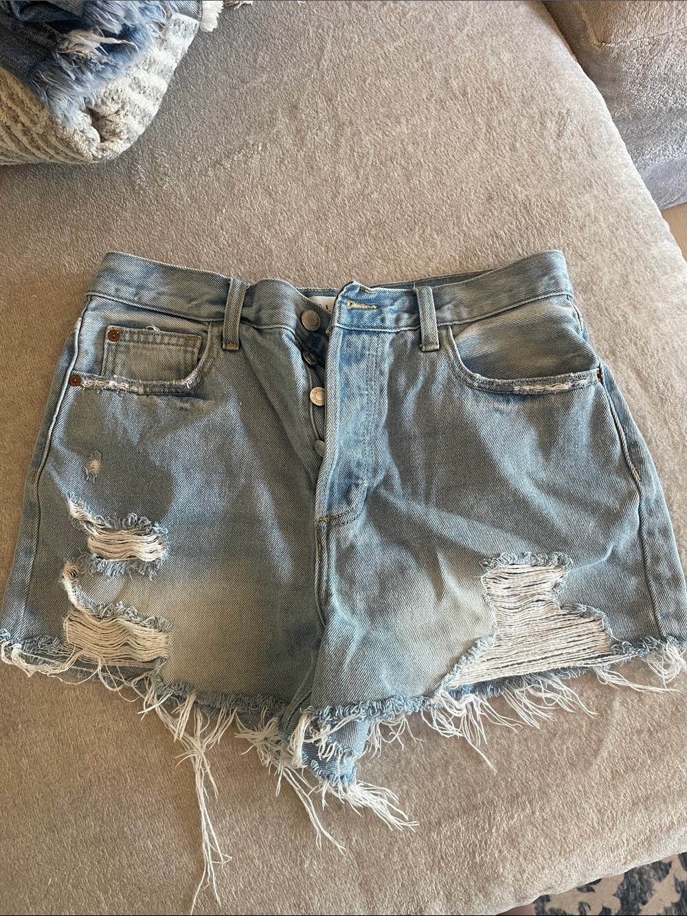 Cello Light Blue Distressed High-Rise Denim Shorts